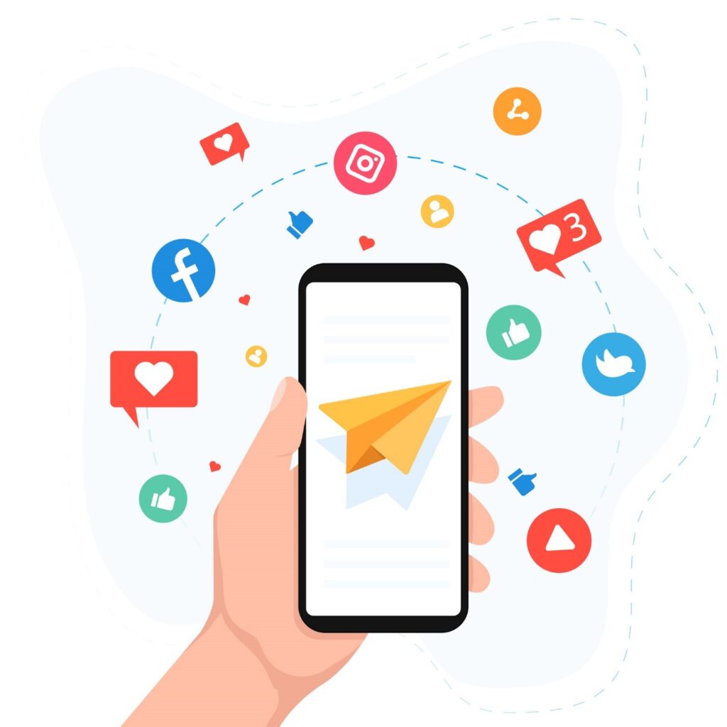illustration shows a hand holding a phone and social media icons are around