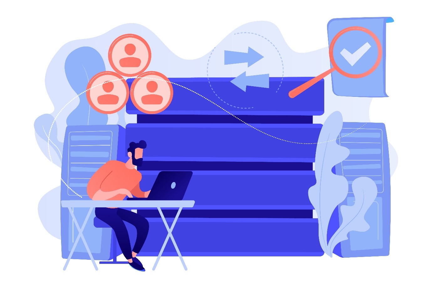 illustration of a marketer sitting on a table with his laptop