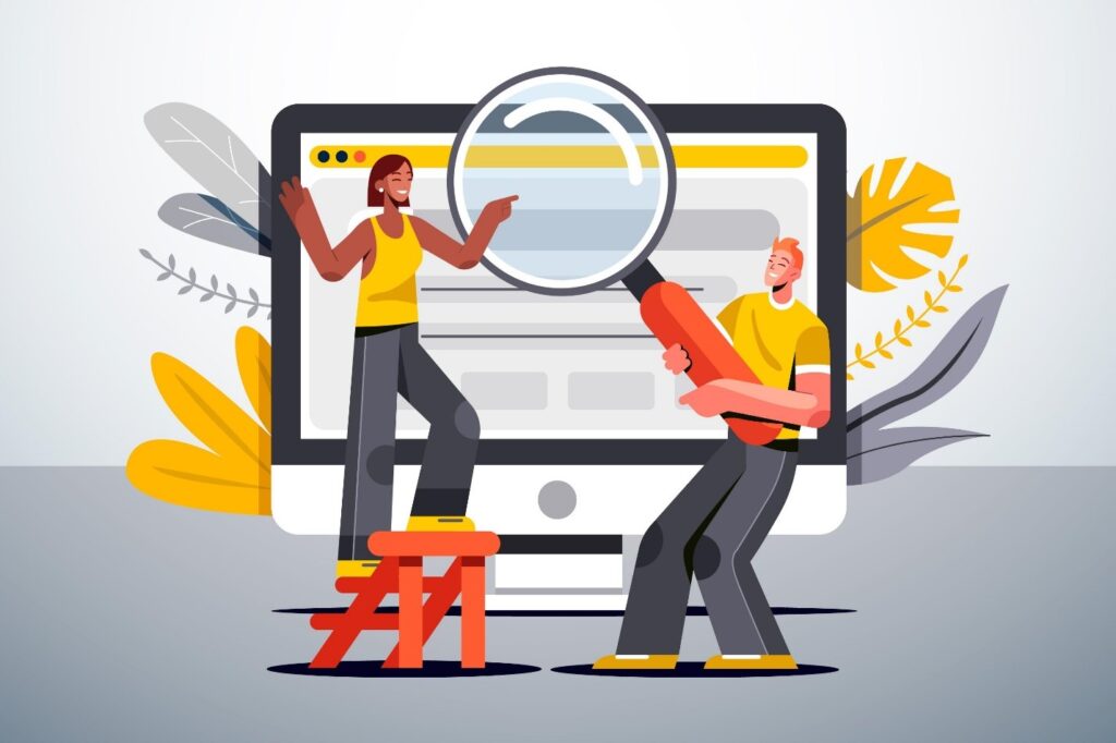 2 person checking a content holding a magnifying glass