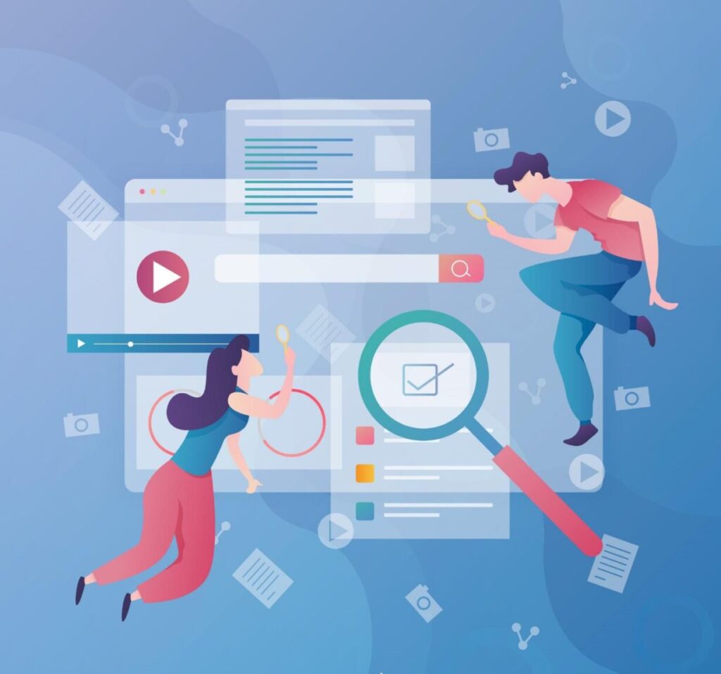 The illustration shows 2 person looking for information on website