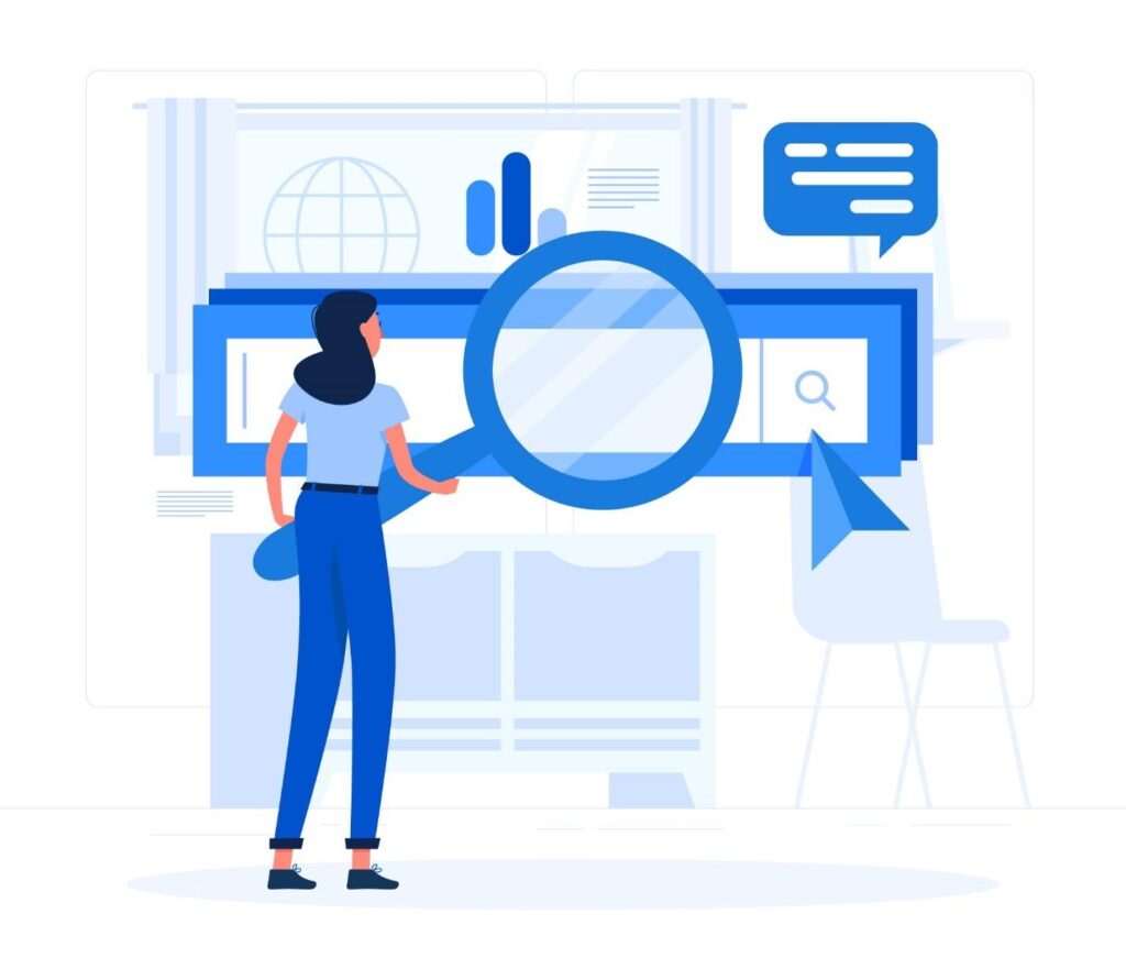 Illustration of a girl with magnifying glass looking for information on web page