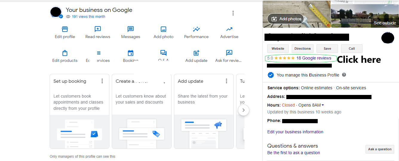 Google My Business Profile dashboard