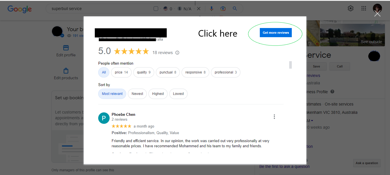 Google My Business reviews section