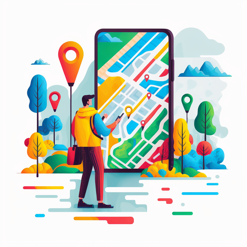 Illustration of a man holding phone and a large phone screen with map