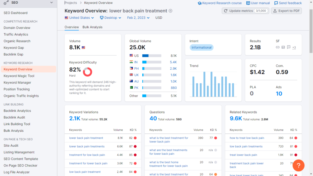 Semrush Keyword Overview Tab for SEO for Chiropractors